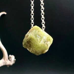 Green Garnet Pendant Raw, Drilled Grossular Polygon Gemstone Necklace