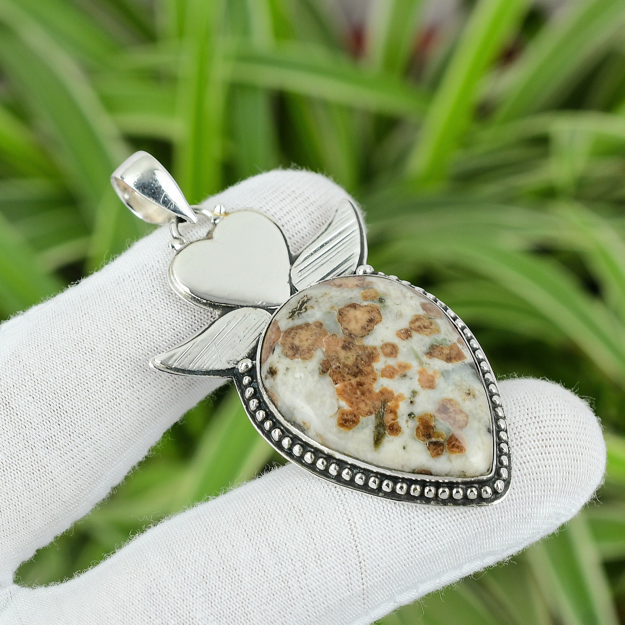 Handmade Spessartine Garnet In Limestone Pendant, 925 Sterling Silver