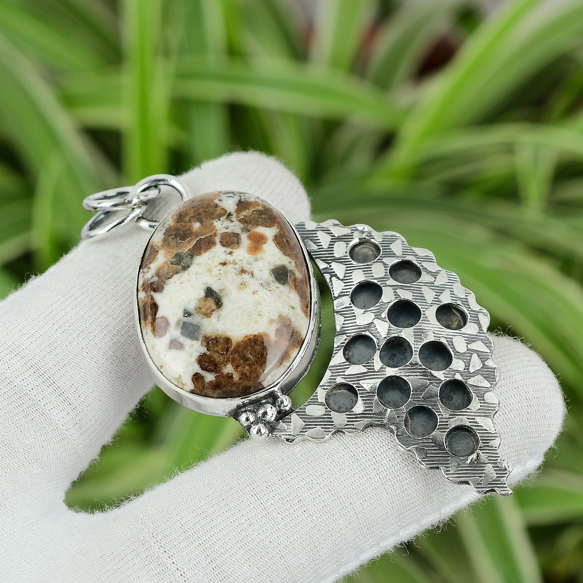 Handmade Spessartine Garnet Limestone Pendant: 925 Sterling Silver Jewelry