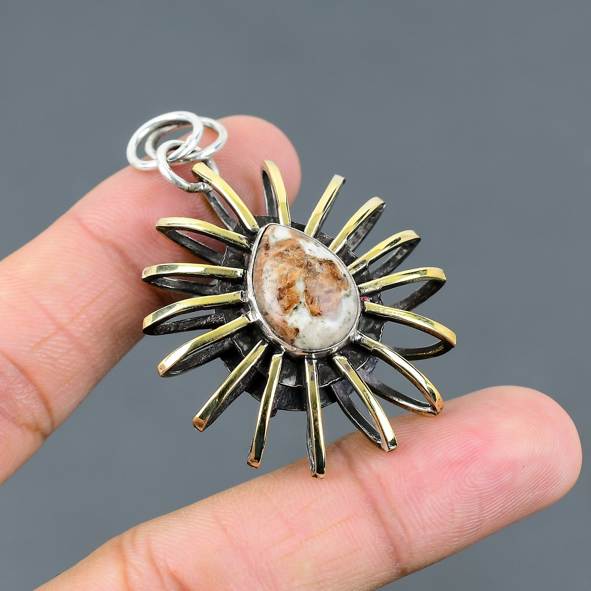 Handmade Spessartine Garnet & Limestone 925 Sterling Silver Pendant