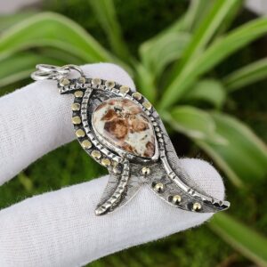 Handmade Spessartine Garnet Limestone Pendant: 925 Sterling Silver, 18K Gold Plated