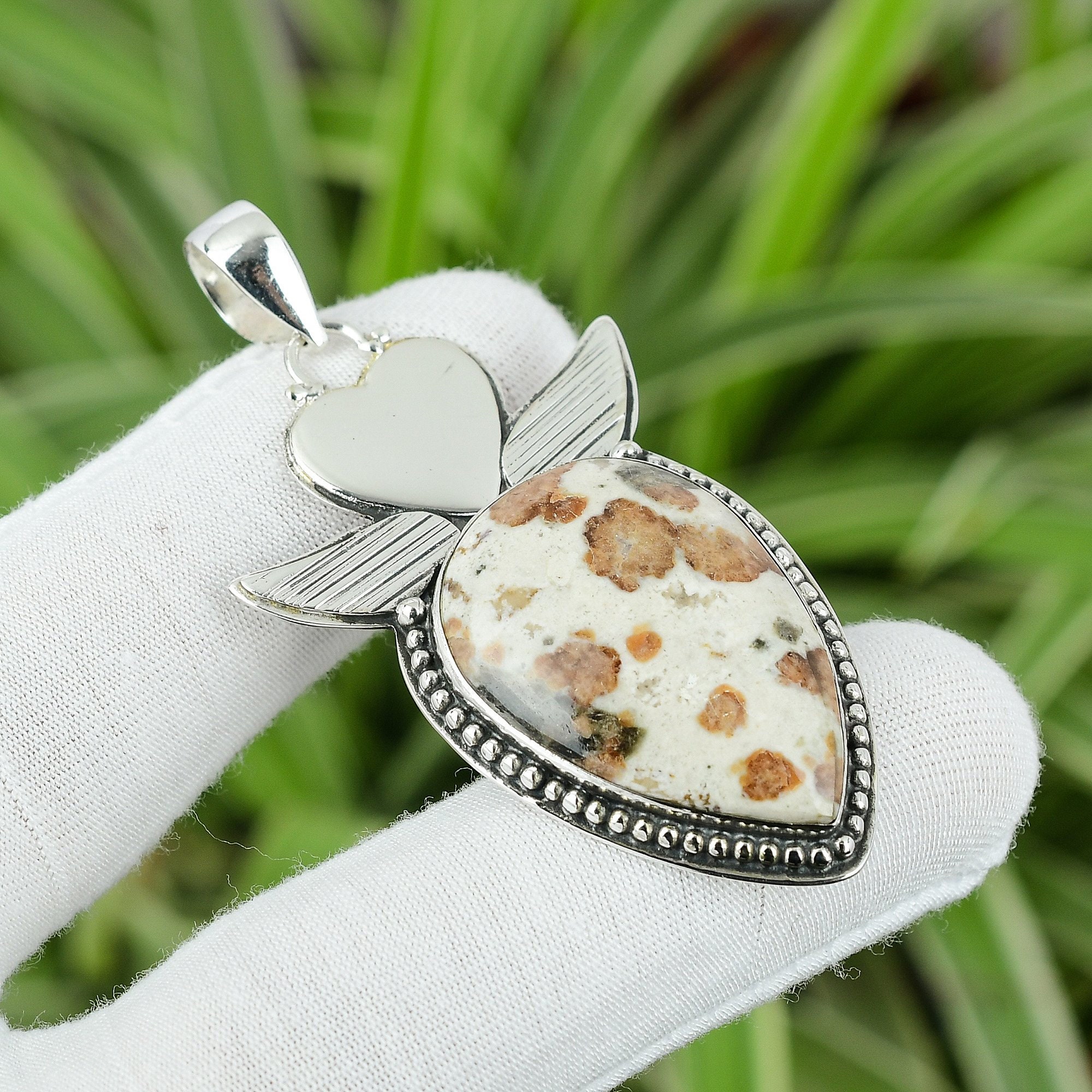 Handmade Spessartine Garnet Limestone Pendant: 925 Sterling Silver Pear Jewelry