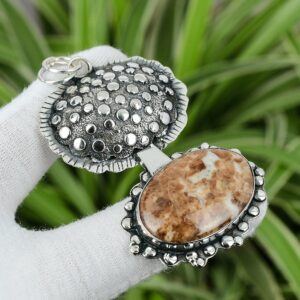 Handmade Spessartine Garnet Limestone Pendant: 925 Sterling Silver Jewelry