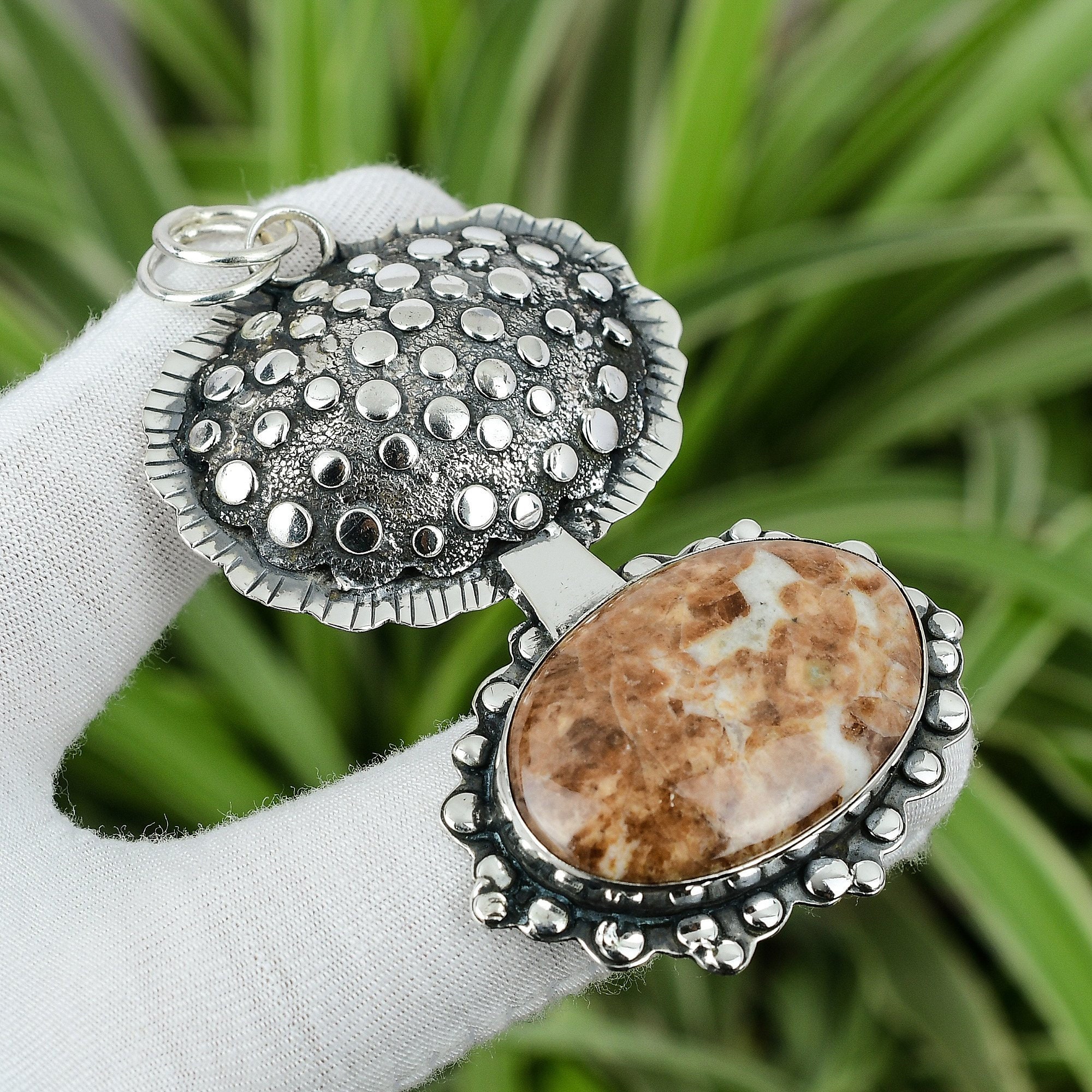 Handmade Spessartine Garnet Limestone Pendant: 925 Sterling Silver Jewelry