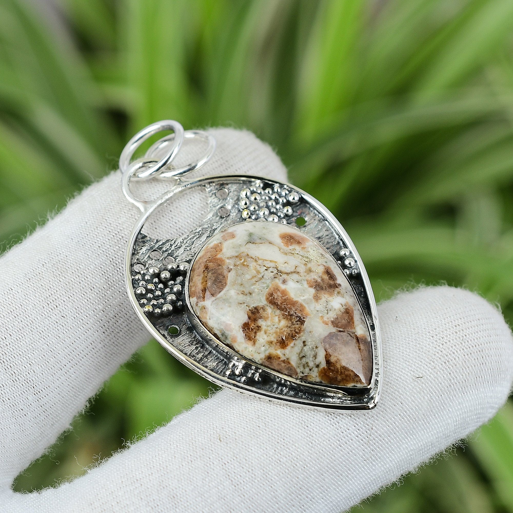 Handmade Spessartine Garnet Limestone Pendant: 925 Sterling Silver