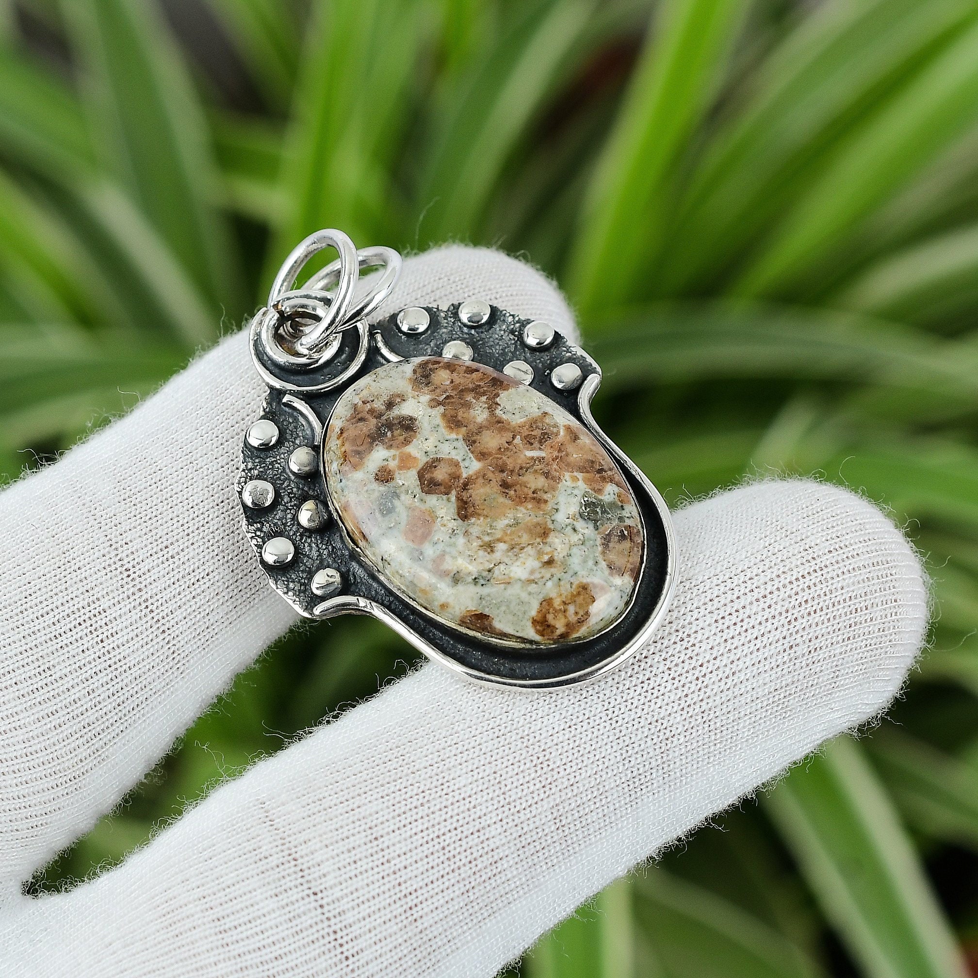 Handmade Spessartine Garnet Limestone Pendant: 925 Sterling Silver
