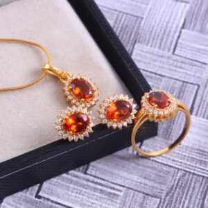 Hessonite Garnet Ring Earrings Pendant Jewelry Set, Delicate Statement Jewelry, Halo Art Deco Jewelry, 18k Gold Plated Sterling Silver,