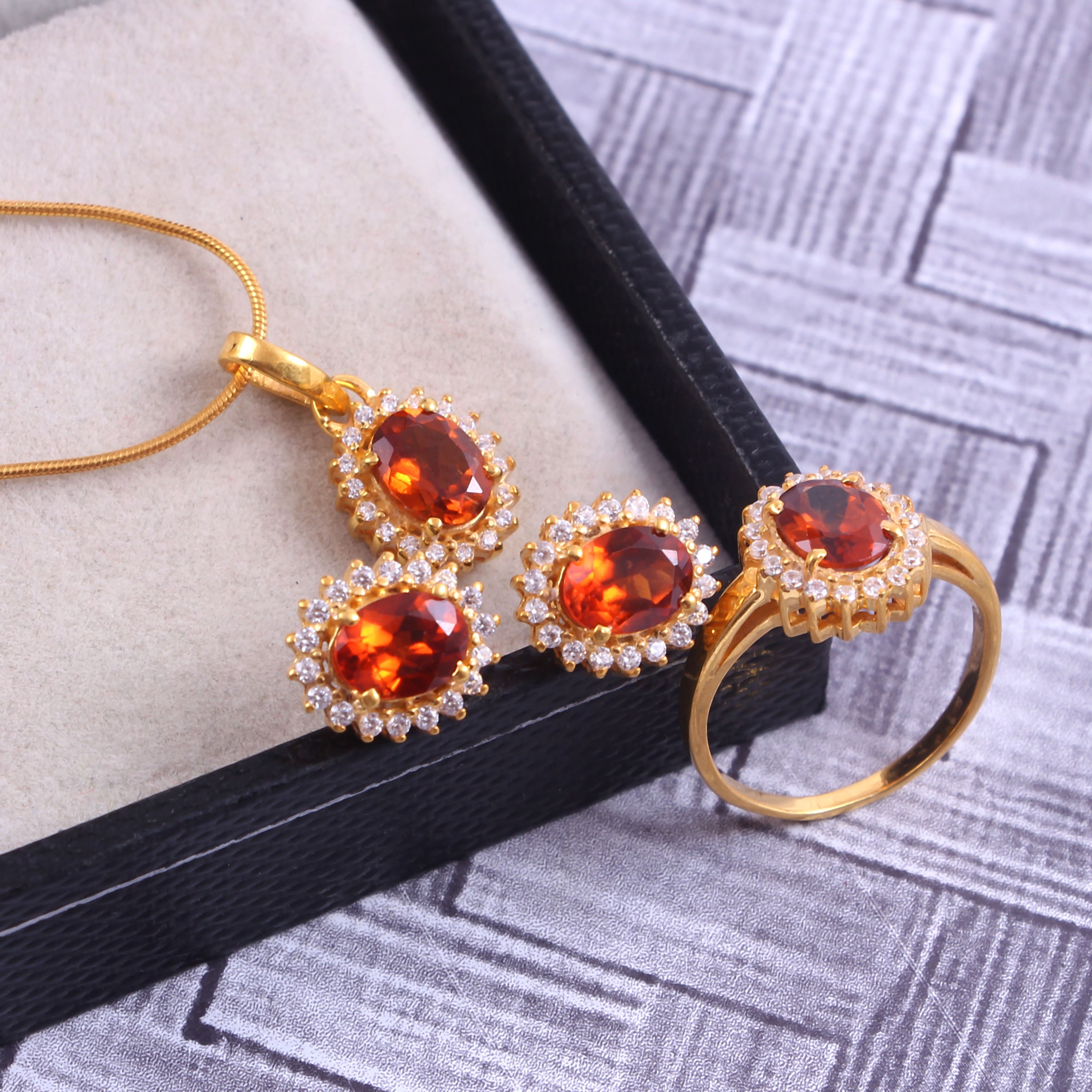 Hessonite Garnet Ring Earrings Pendant Jewelry Set, Delicate Statement Jewelry, Halo Art Deco Jewelry, 18k Gold Plated Sterling Silver, Hessonite Garnet Ring Earrings Pendant Jewelry Set, Delicate Statement Jewelry, Halo Art Deco Jewelry, 18k Gold Plated Sterling Silver,