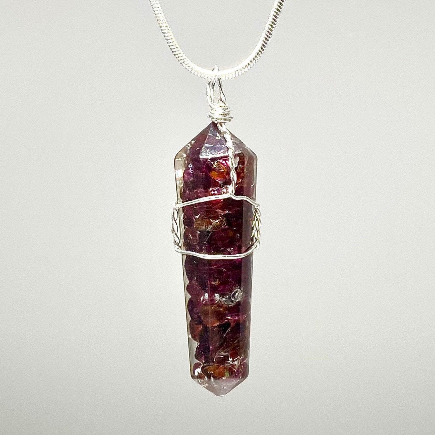 Garnet In Orgonite Wire Wrapped Pendant Necklace