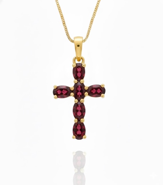 Natural Garnet Cross Pendant: 925 Sterling Silver Gemstone Necklace Natural Garnet Cross Pendant: 925 Sterling Silver Gemstone Necklace