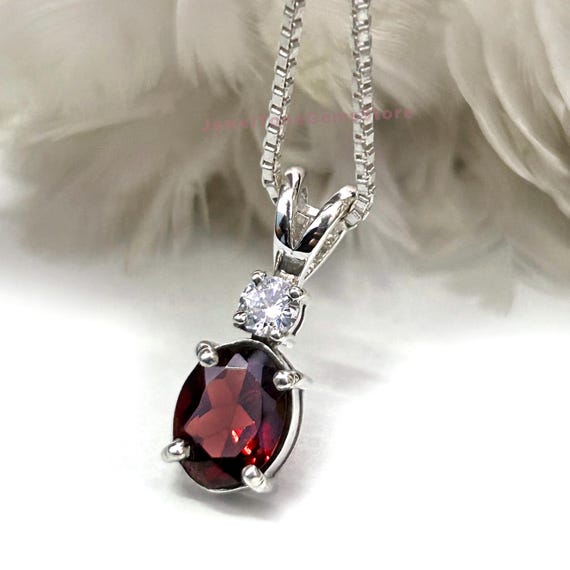 Oval Garnet Necklace: Sterling Silver Pendant With Moissanite, January Birthstone