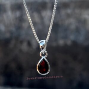 Pear Garnet Sterling Silver Pendant: Red Gemstone Necklace