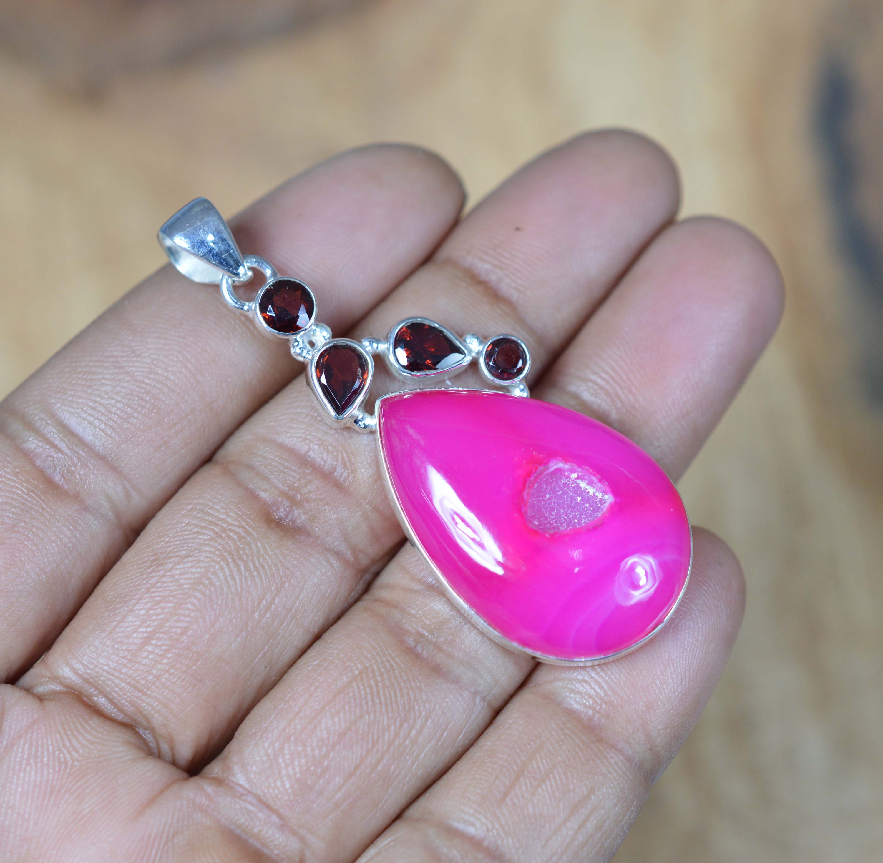 Pink Solar Druzy 925 Sterling Silver Garnet Gemstone Jewelry Pendant