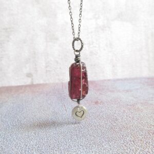 Raw Garnet Pendant Necklace, Sterling Silver Heart Charm, January Birthstone Raw Garnet Pendant Necklace, Sterling Silver Heart Charm, January Birthstone
