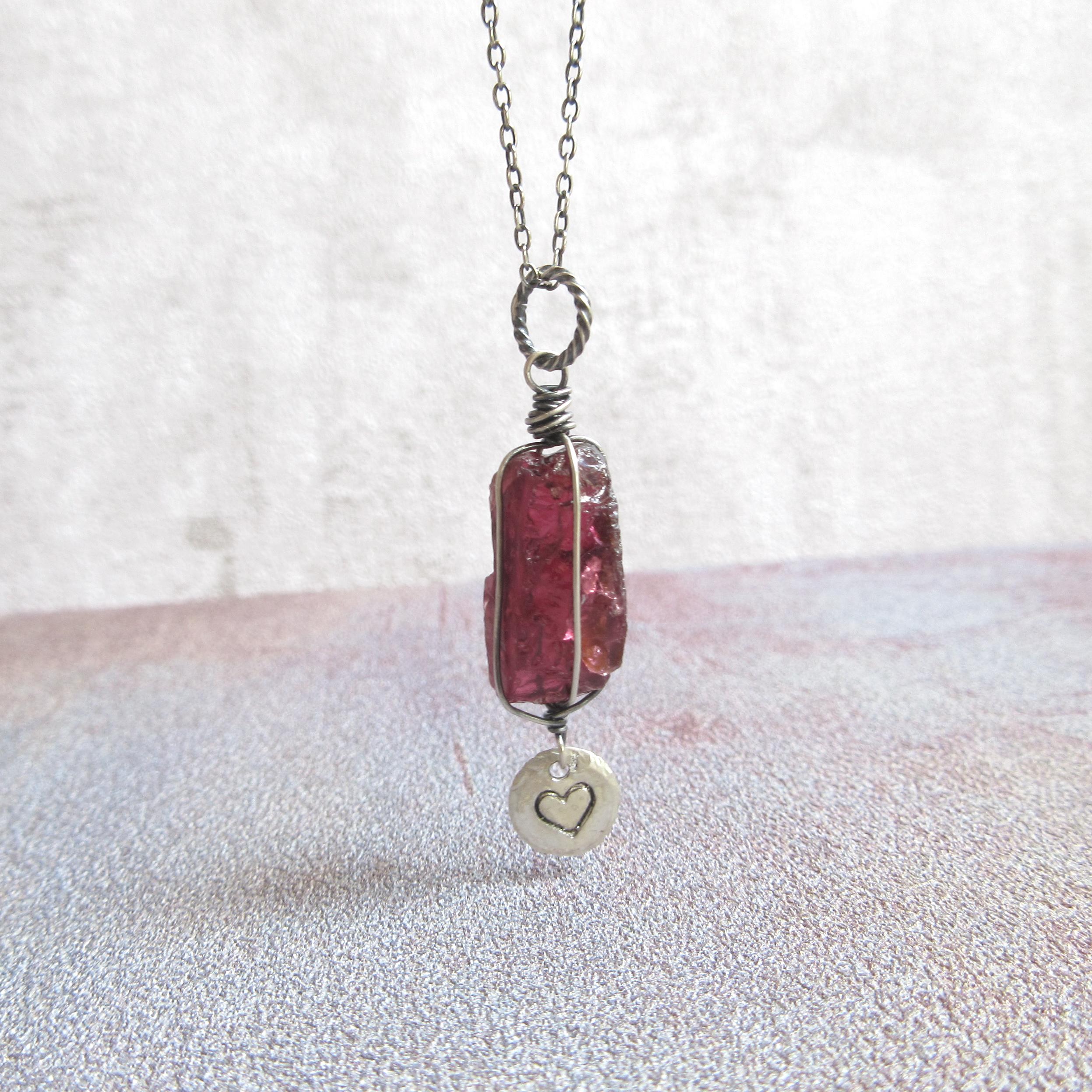 Raw Garnet Pendant Necklace, Sterling Silver Heart Charm, January Birthstone