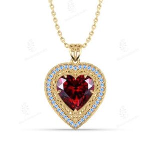 Red Garnet Heart Shaped Pendant For Women 14k Gold Heart Necklace Antique Halo Pendant For Her Art Deco Filigree Style Necklace Gift For Her