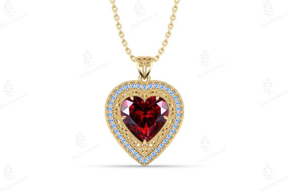 Red Garnet Heart Shaped Pendant For Women 14k Gold Heart Necklace Antique Halo Pendant For Her Art Deco Filigree Style Necklace Gift For Her