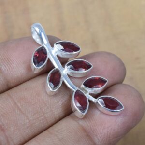 Red Garnet Leaf Pendant: Handmade Sterling Silver January Birthstone