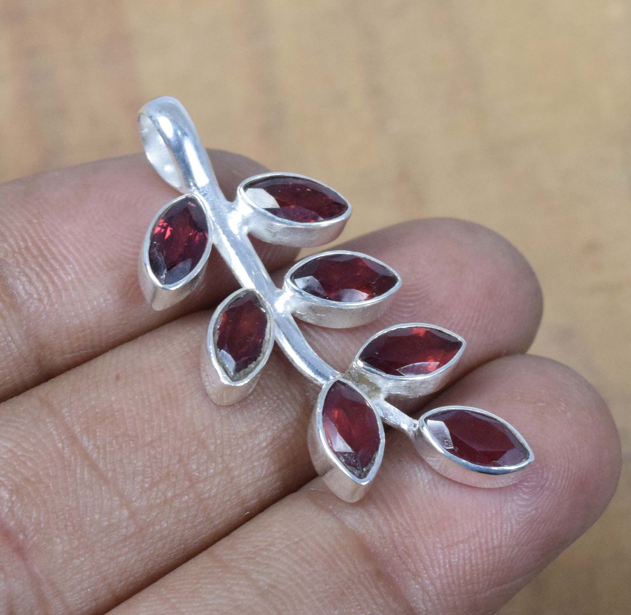 Red Garnet Leaf Pendant: Handmade Sterling Silver January Birthstone