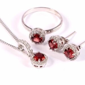 Garnet Ring Earrings Pendant Necklace, Dainty Statement Jewelry Set, Bridal Jewelry, 925 Sterling Silver, January Birthstone, Gift For Women