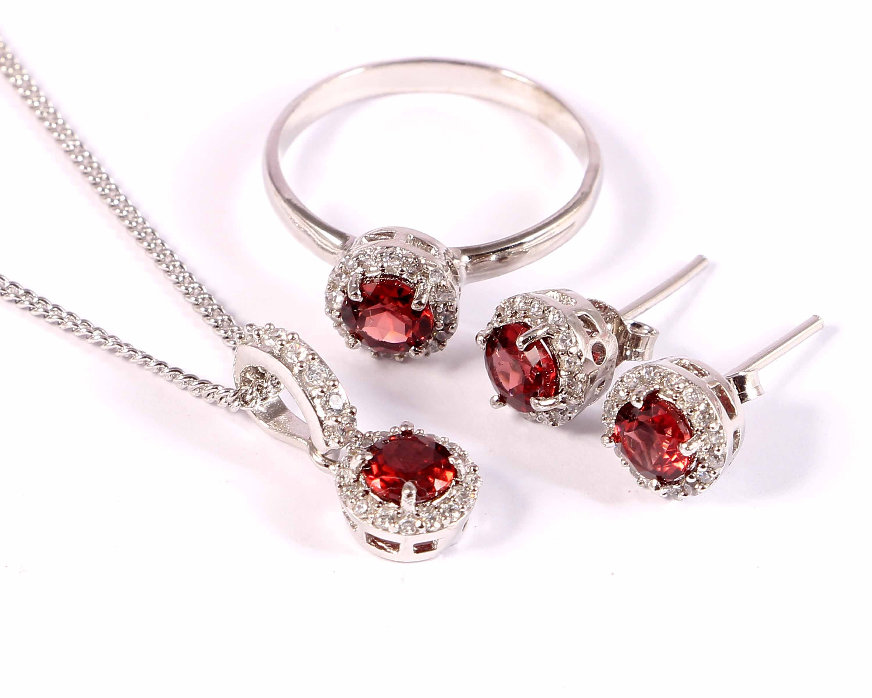 Garnet Ring Earrings Pendant Necklace, Dainty Statement Jewelry Set, Bridal Jewelry, 925 Sterling Silver, January Birthstone, Gift For Women