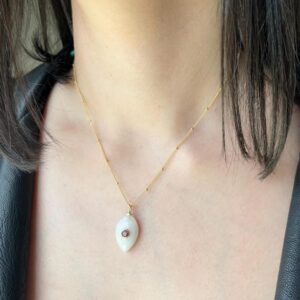Silverite and Garnet Necklace, January Birthstone, White and Red Marquise Inlay Pendant on Satellite Chain Gold Filled, Dainty Gift for her