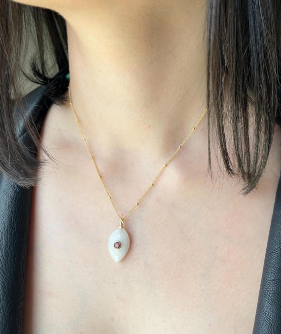 Silverite And Garnet Necklace, January Birthstone, White And Red Marquise Inlay Pendant On Satellite Chain Gold Filled, Dainty Gift For Her Silverite And Garnet Necklace, January Birthstone, White And Red Marquise Inlay Pendant On Satellite Chain Gold Filled, Dainty Gift For Her