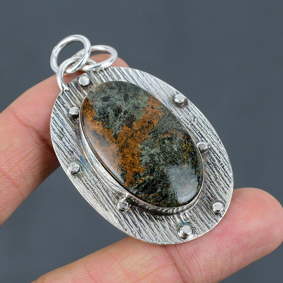Spessartine Garnet In Limestone Pendant: 925 Sterling Silver Handmade Jewelry