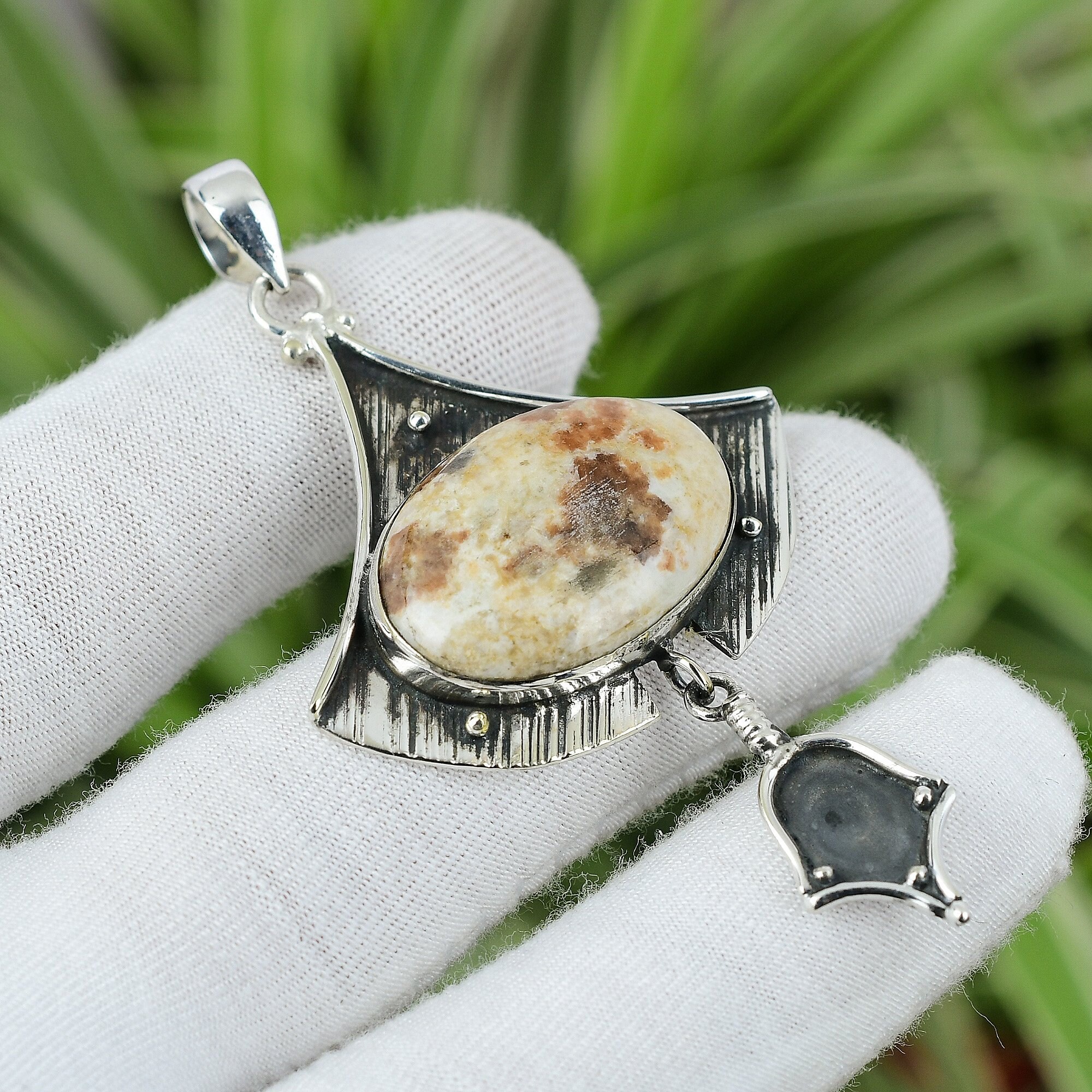 Spessartine Garnet Limestone Pendant: Handmade 925 Sterling Silver Jewelry