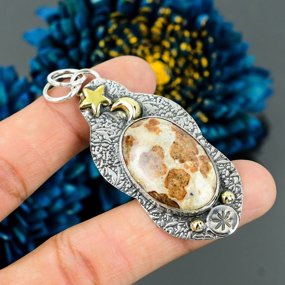 Spessartine Garnet Limestone Pendant: Sterling Silver Moon Star Jewelry