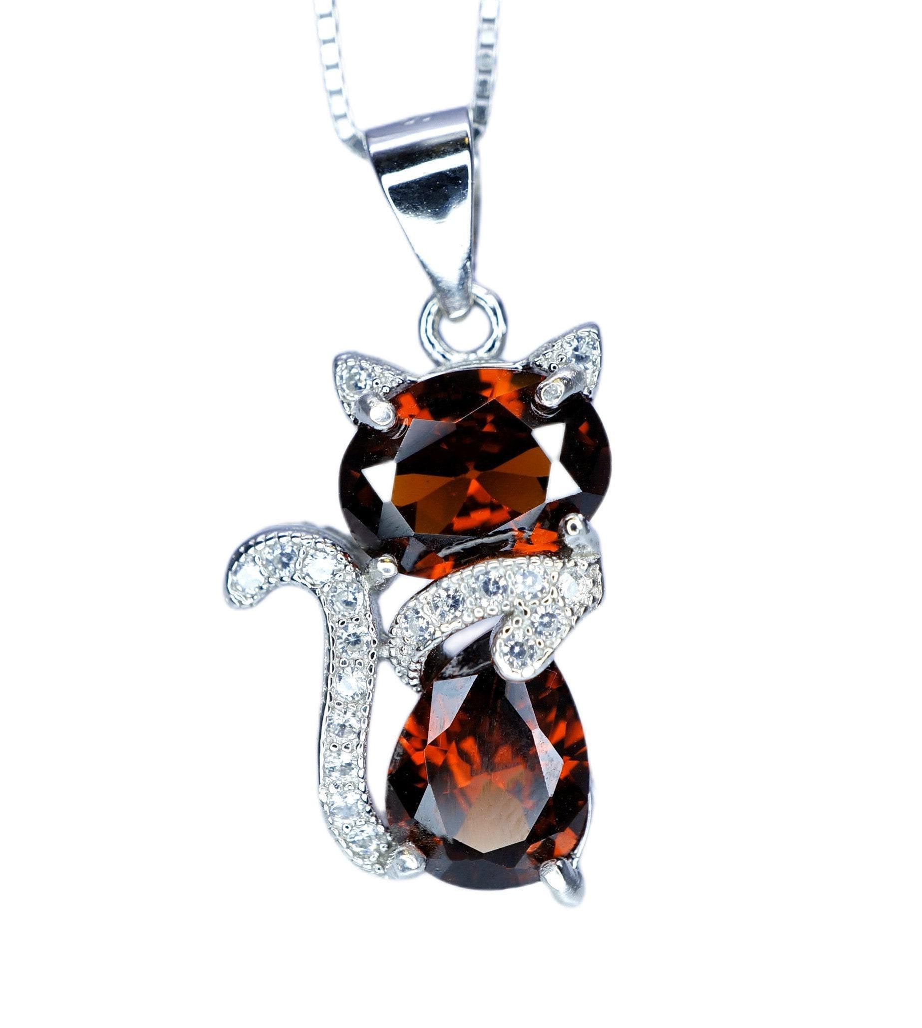 Spessartite Garnet Necklace - 18kgp @ Sterling Silver - Gemstone Kitty Cat Pendant - Pet Lover Gift - Kitten Garnet Jewelry #212 Spessartite Garnet Necklace - 18kgp @ Sterling Silver - Gemstone Kitty Cat Pendant - Pet Lover Gift - Kitten Garnet Jewelry #212