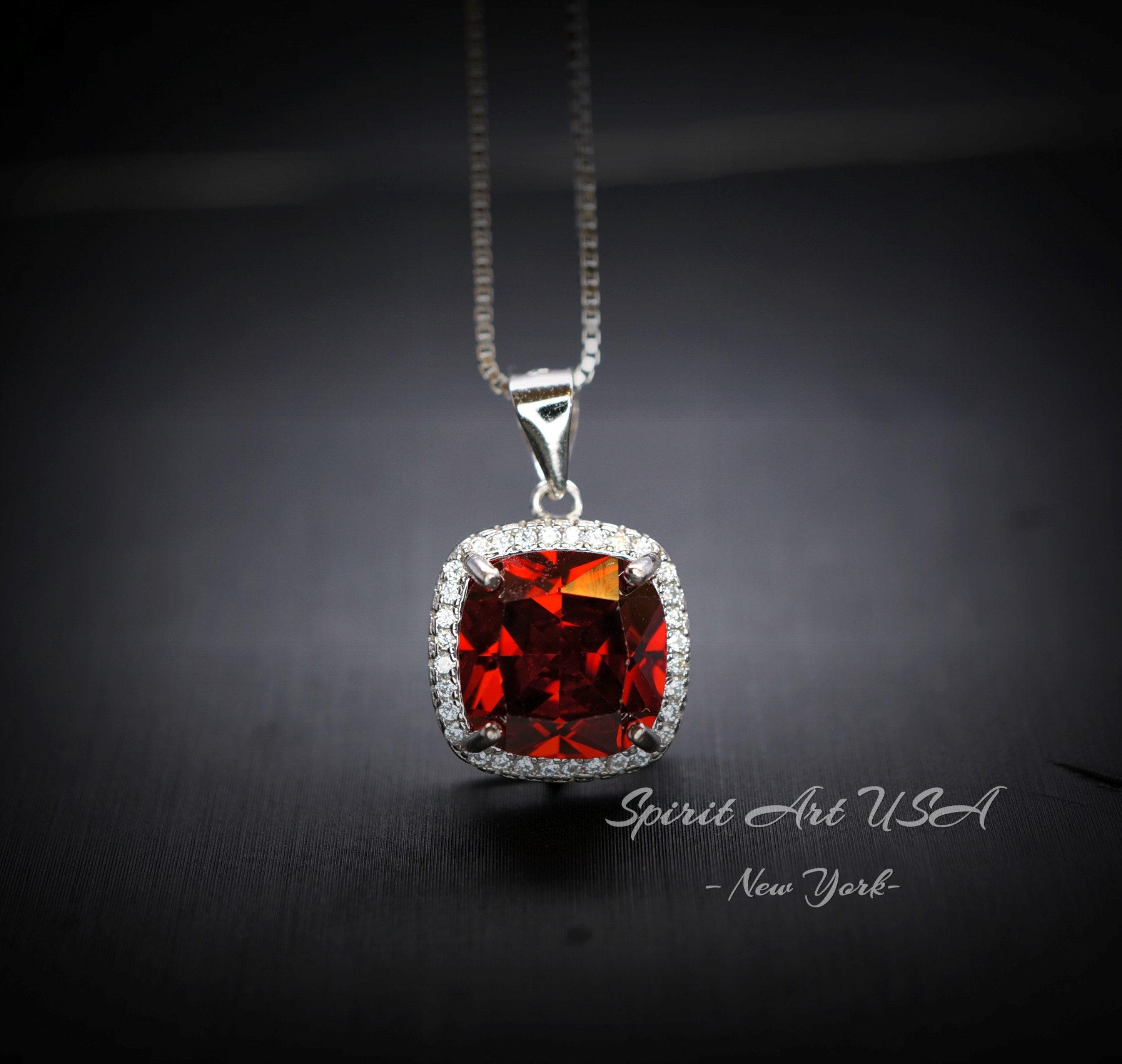 Spessartite Garnet Necklace 5ct Large Square Garnet Pendant - 18kgp Sterling Silver Solitaire Red Orange Garnet Jewelry Lab Created Gem #441 Spessartite Garnet Necklace 5ct Large Square Garnet Pendant - 18kgp Sterling Silver Solitaire Red Orange Garnet Jewelry Lab Created Gem #441