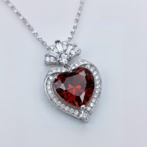 Spessartite Garnet Necklace - 9mm Orange Red Heart Pendant - 18kgp @ Sterling Silver - Chain - 3 Ct Orange Garnet Jewelry #607