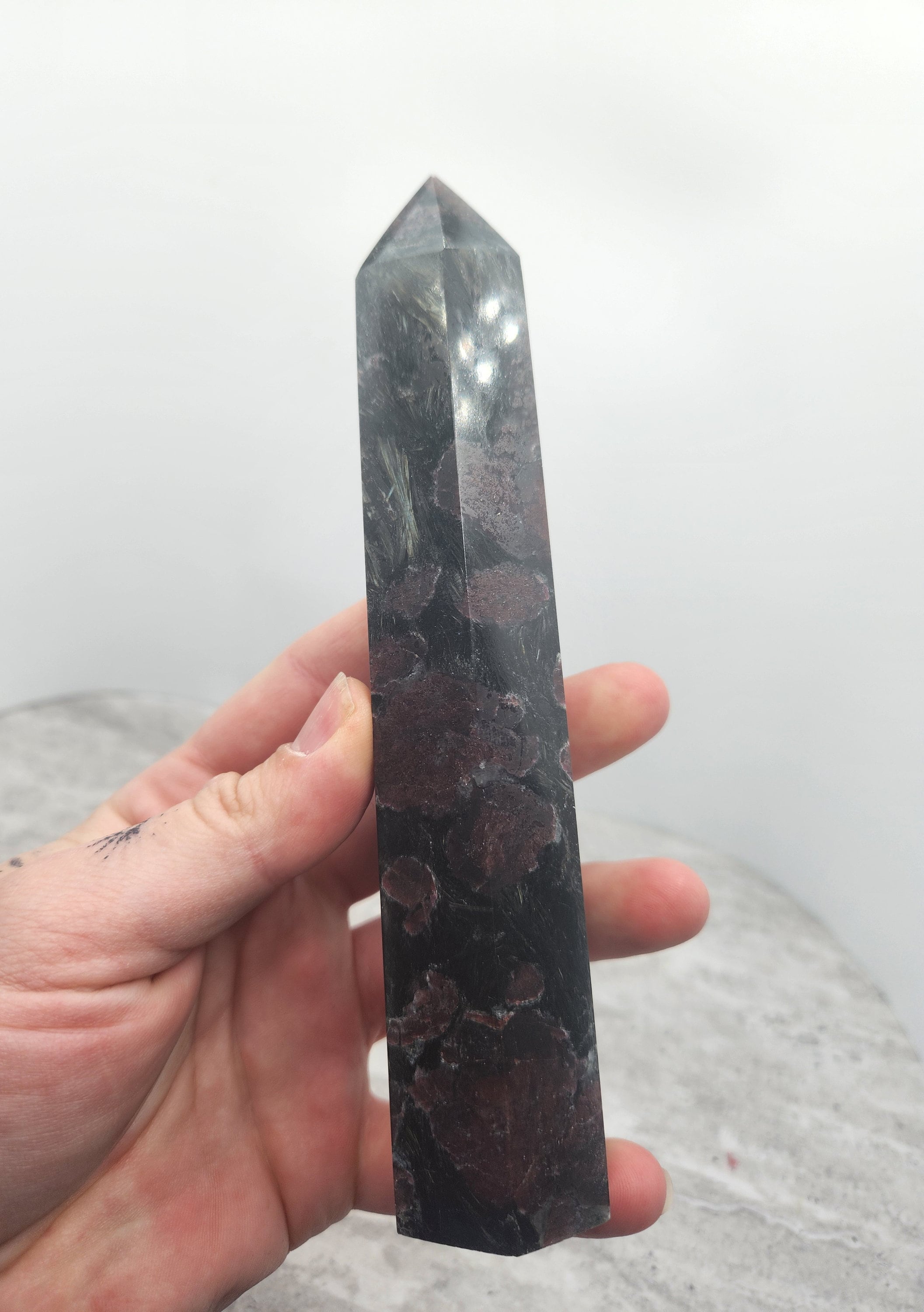 Garnet With Astrophyllite Fireworks Stone Quartz Natural Crystal Tower - Natural Gemstone Décor - Display Wand Tower With Point #4581 Garnet With Astrophyllite Fireworks Stone Quartz Natural Crystal Tower - Natural Gemstone Décor - Display Wand Tower With Point #4581