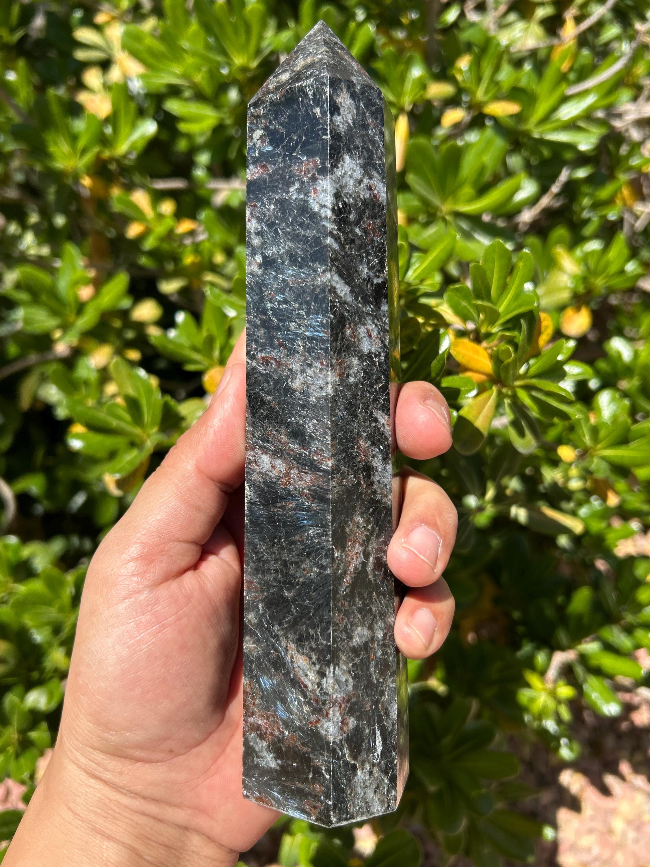 Garnet On Arfvedsonite Tower | 8 1/2 Inches Tall Tower | Garnet Tower | Arfvedsonite Tower | No. 3 Garnet On Arfvedsonite Tower | 8 1/2 Inches Tall Tower | Garnet Tower | Arfvedsonite Tower | No. 3