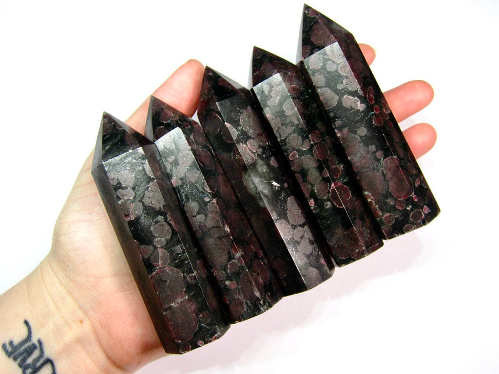 Garnet Tower - Garnet Arfvedsonite Crystal Point - Natural Garnet Arfvedsonite Crystal Obelisk Carving