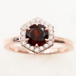 14k Rose Gold Garnet Diamond Hexagon Engagement Ring