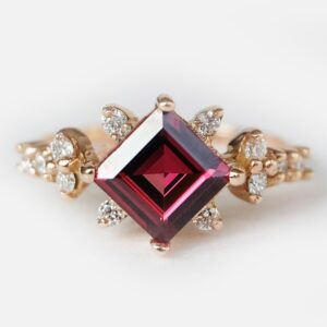 14k Rose Gold Rhodolite Garnet Ring, Princess Cut Garnet And Diamond Cluster Ring, January Birthstone Engagement Ring Gift