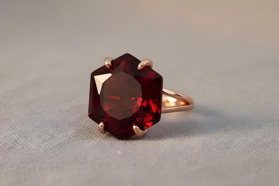 18k Rose Gold Gemstone Ring · 18k Garnet Ring · Deep Red Stone Ring · Hexagon Ring In Rose Gold
