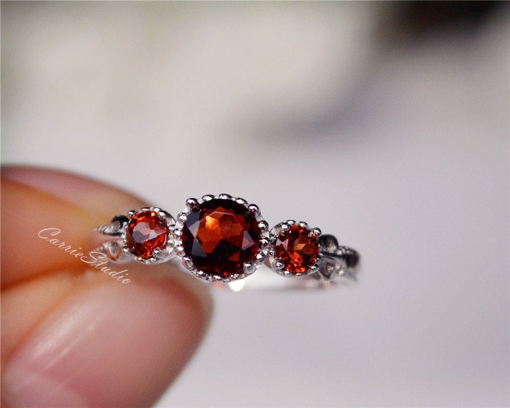 3 Stone Natural Garnet Ring/ Garnet Engagement Ring/promise Ring Birthday Gift For Her