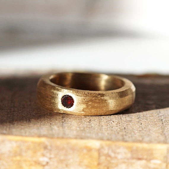 Garnet And Brass Ring - Size 11 - Hand Carved Ring - Lost Wax Casted