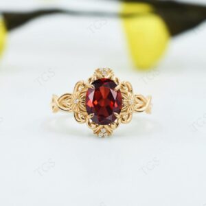Art Deco Garnet Engagement Ring 925 Sterling Silver Red Gemstone Ring Unique Filigree Design Bridal Ring Vintage Flower Wedding Ring For Her
