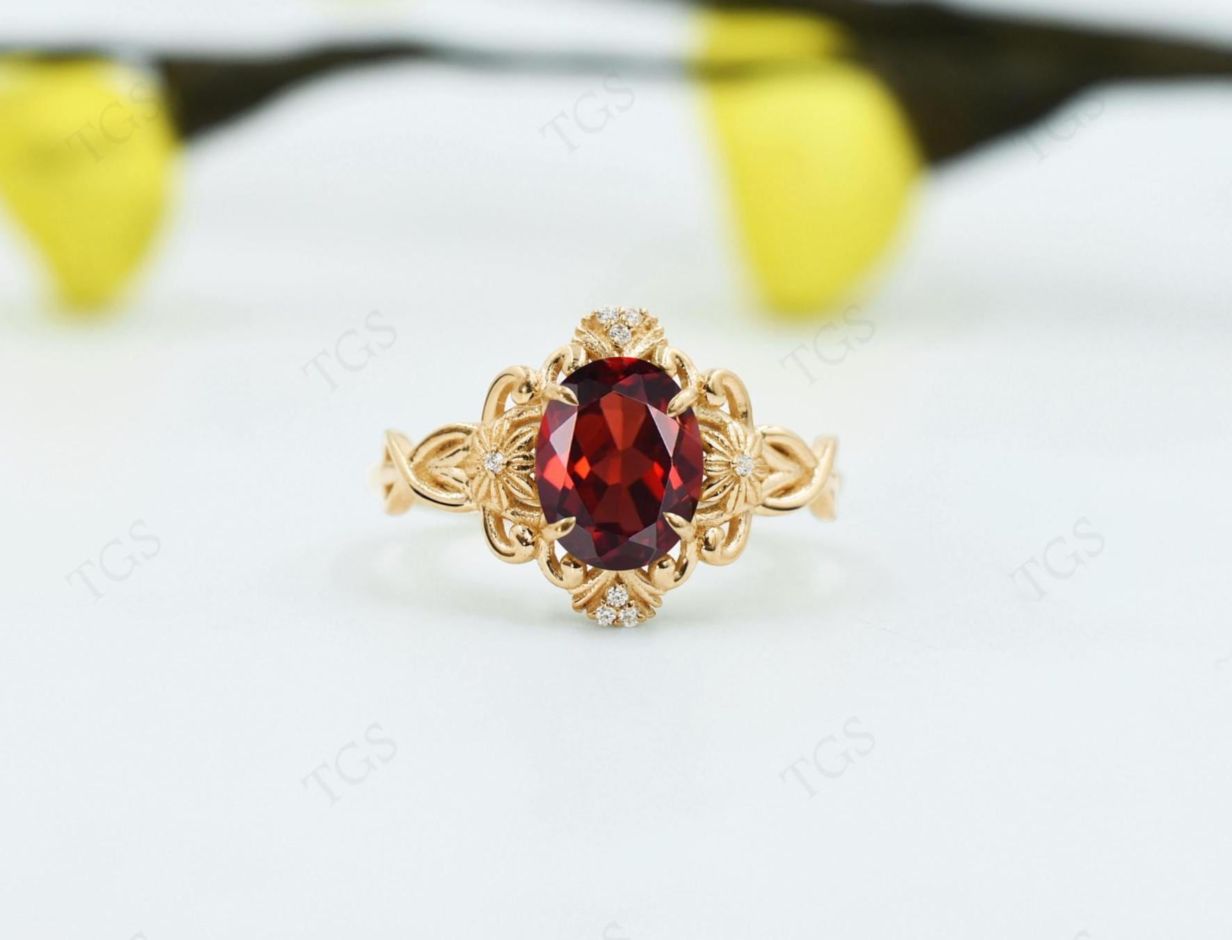 Art Deco Garnet Engagement Ring 925 Sterling Silver Red Gemstone Ring Unique Filigree Design Bridal Ring Vintage Flower Wedding Ring For Her