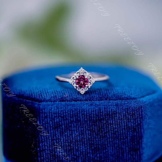 Dainty Garnet Ring: Round Gemstone, Sterling Silver, Cz Diamond