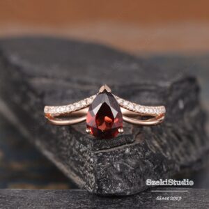 Garnet Engagement Ring Curved Cage Chevron V Ring Pear Shaped White Gold Diamond Ring January Birthstone Bridal Anniversary Woman Promise