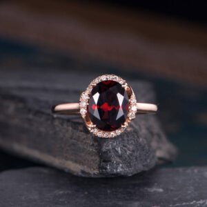 Garnet Engagement Ring Rose Gold Diamond Halo Oval Cut Half Eternity Ring Bridal Women Anniversary Gift For Her Unique Promise Ring