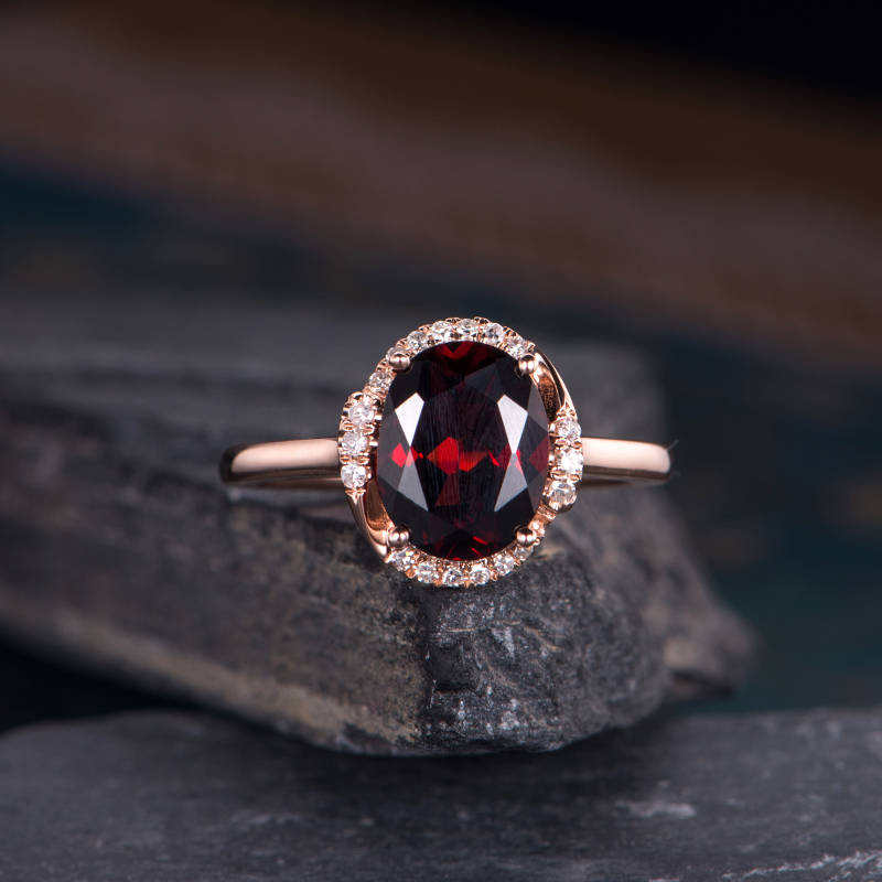 Garnet Engagement Ring Rose Gold Diamond Halo Oval Cut Half Eternity Ring Bridal Women Anniversary Gift For Her Unique Promise Ring Garnet Engagement Ring Rose Gold Diamond Halo Oval Cut Half Eternity Ring Bridal Women Anniversary Gift For Her Unique Promise Ring