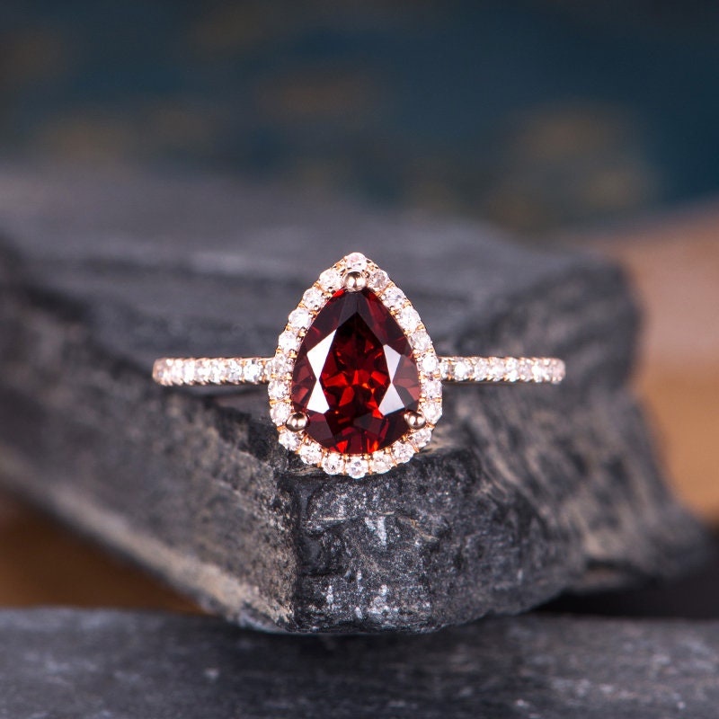 Garnet Engagement Ring Rose Gold Pear Shaped Birthstone January Women Bridal Wedding Ring Teal Drop 6*8mm Diamond Half Eternity Gift For Her