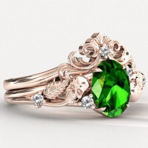 Green Tsavorite Garnet Engagement Ring Set Unique Filigree Design Wedding Ring Antique Art Deco Bridal Ring Set Vintage Promise Ring For Her