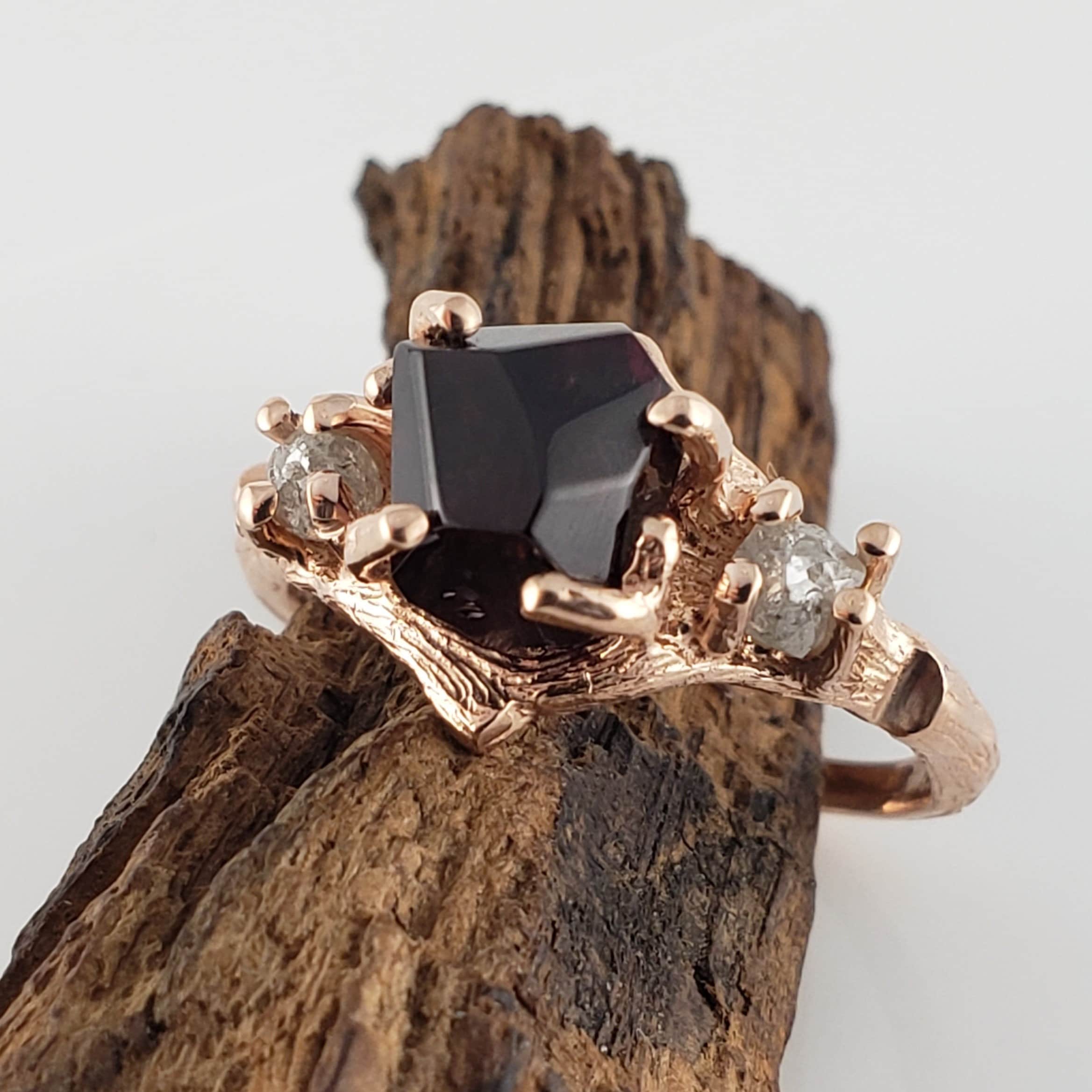 Handmade Rose Gold Twig Ring, Natural Garnet, Rough Diamond Accents